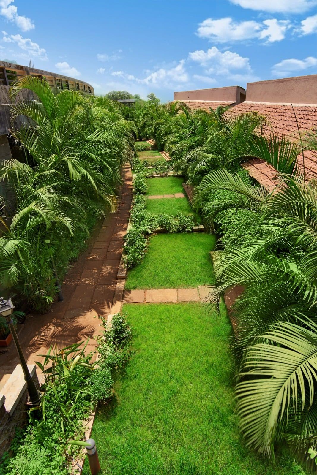 Resort Grounds — Aerial View Tropical Garden Lawns Palms