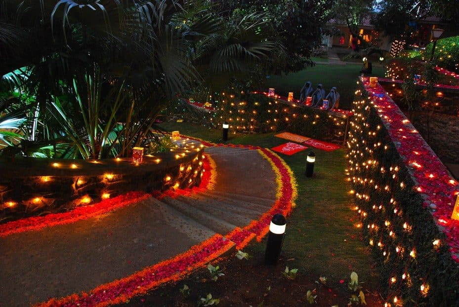 Resort Grounds — Diwali Diya Flower Petal Garden Decor Night