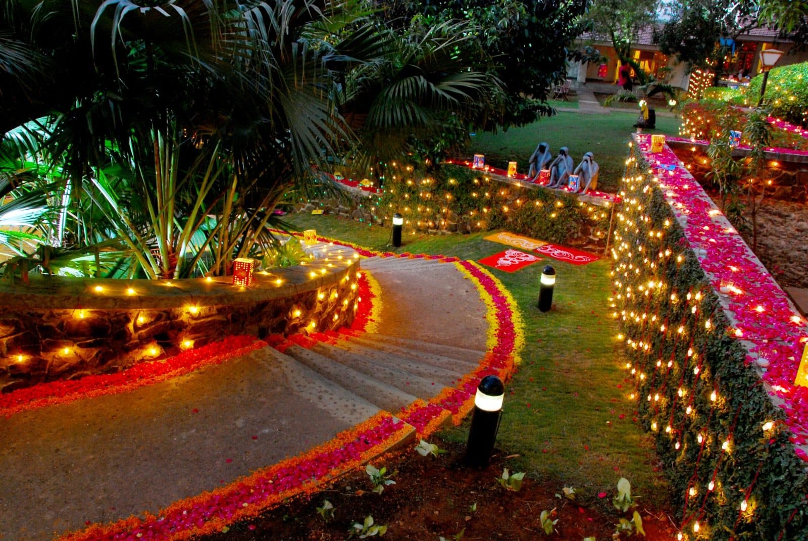 Resort Grounds — Diwali Flower Petal Lamp Decorated Garden Steps