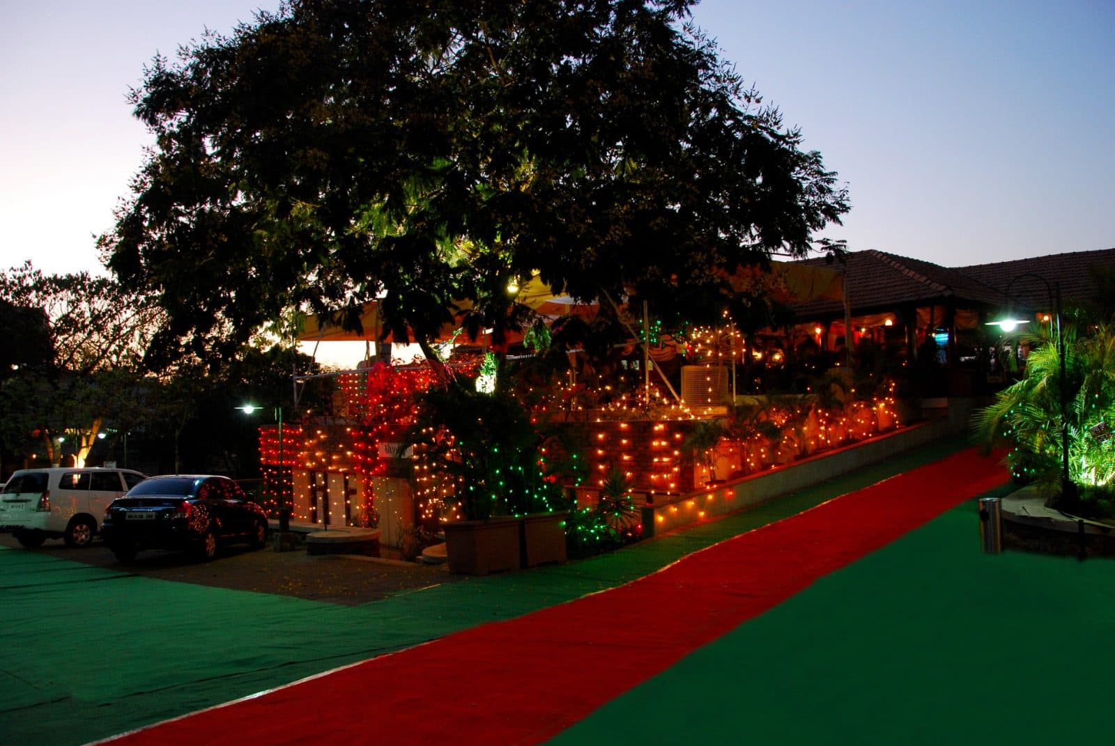 Resort Grounds — Festive Lit Entrance Red Carpet Dusk