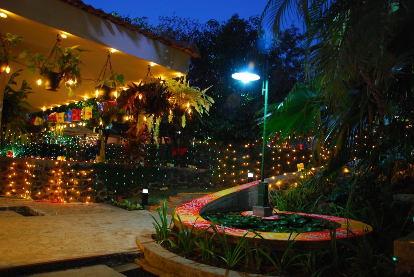 Resort Grounds — Illuminated Garden Lily Pond Evening