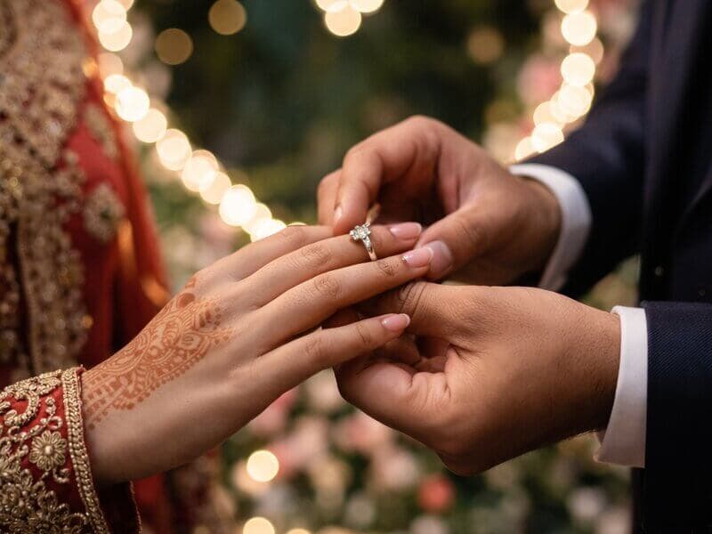 Couple celebrating an anniversary with cake and warm lights