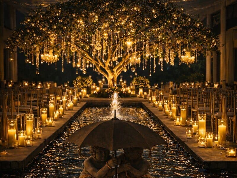 Evening Wedding - Candlelit water feature ambiance